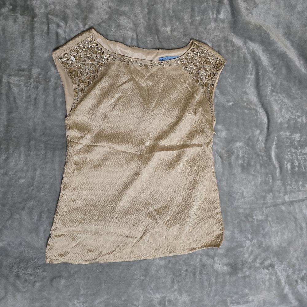 Antonio Melani Cream Color Sleeveless Size XS Silk Dress Blouse With Jewels